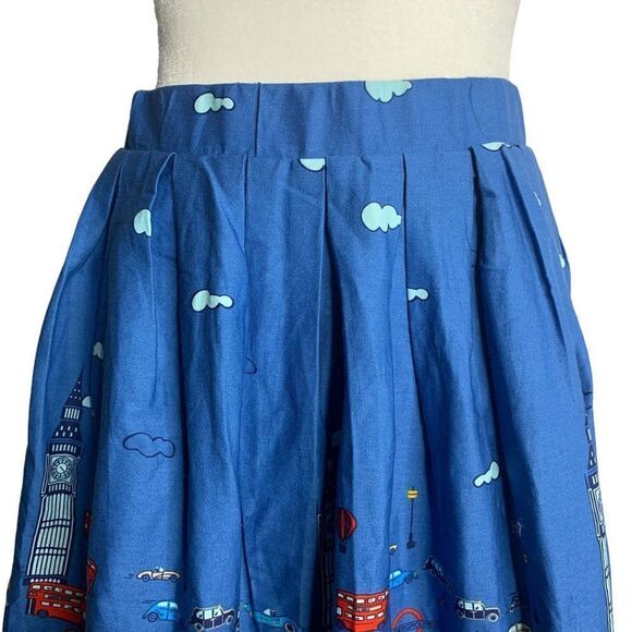 Retro London Pleated Swing Skirt S Blue Elastic Waist Pockets Knee Length Pinup - Picture 2 of 7